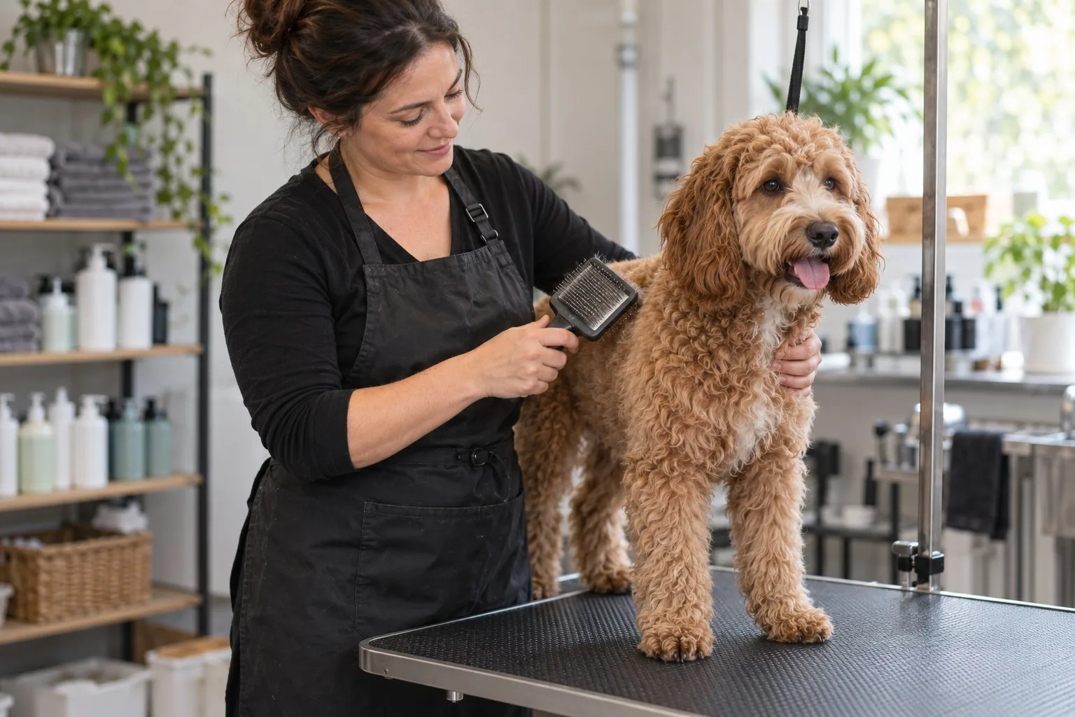 Professional groomer brushing a calm dog on a nonslip grooming table